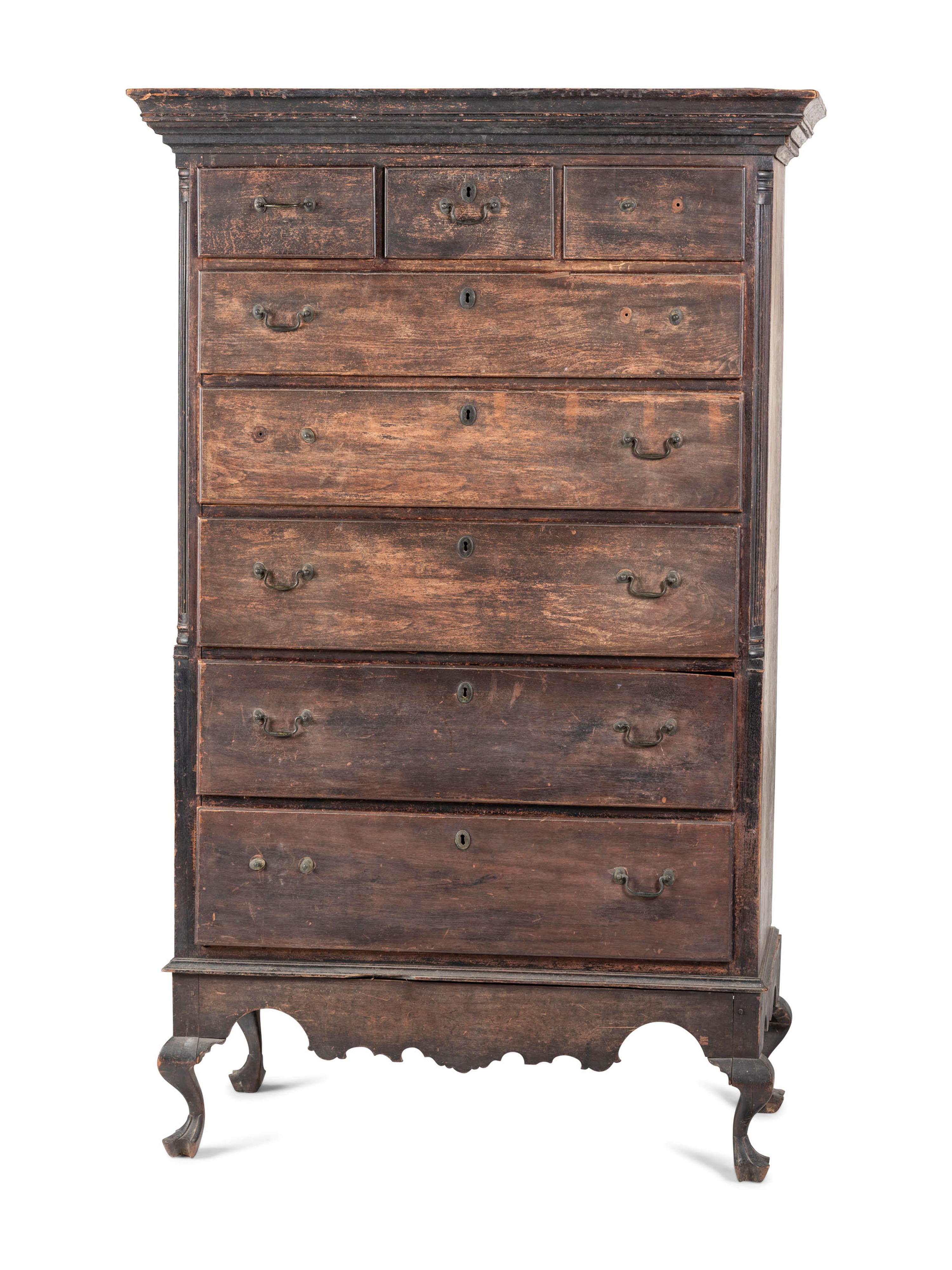 A Chippendale Carved Walnut or Cherrywood Painted Trifid Foot Chest on Stand