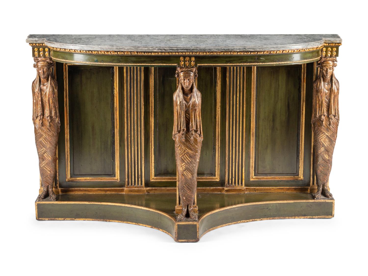A North European Green Painted and Parcel Gilt Marble-Top Pier Table