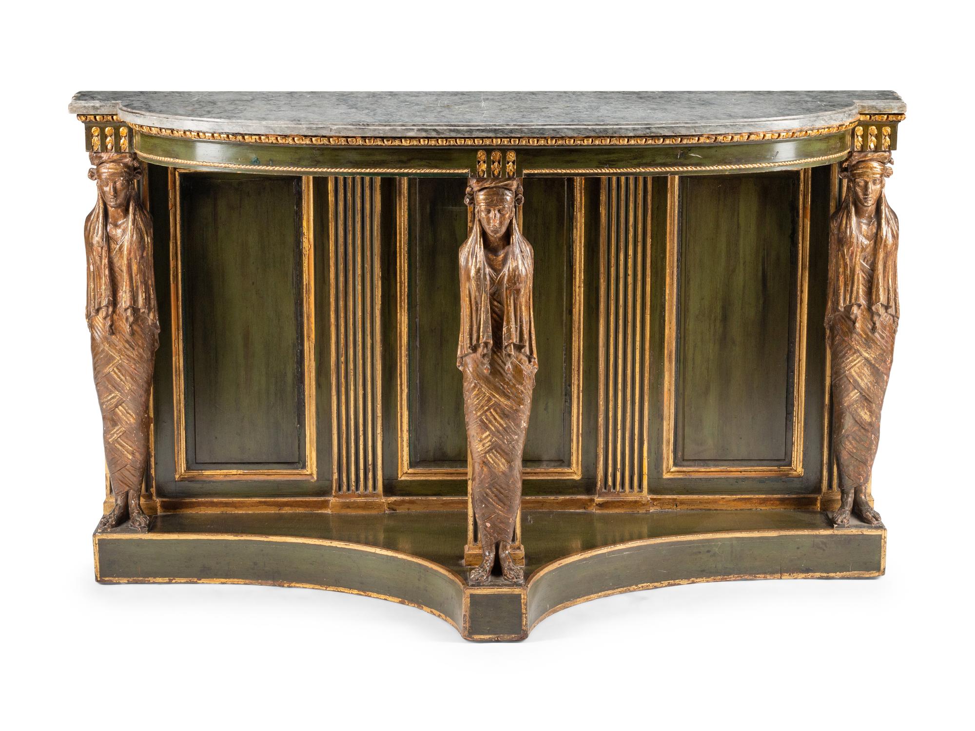 A North European Green Painted and Parcel Gilt Marble-Top Pier Table