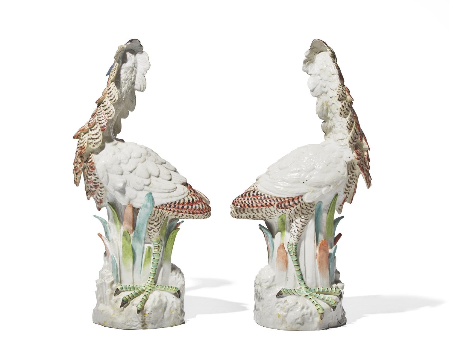 A pair of German porcelain figures of bitterns, likely A. W. Fr. Kister Porcelain Manufactory, Scheibe-Alsbach, Thuringia, circa 1900