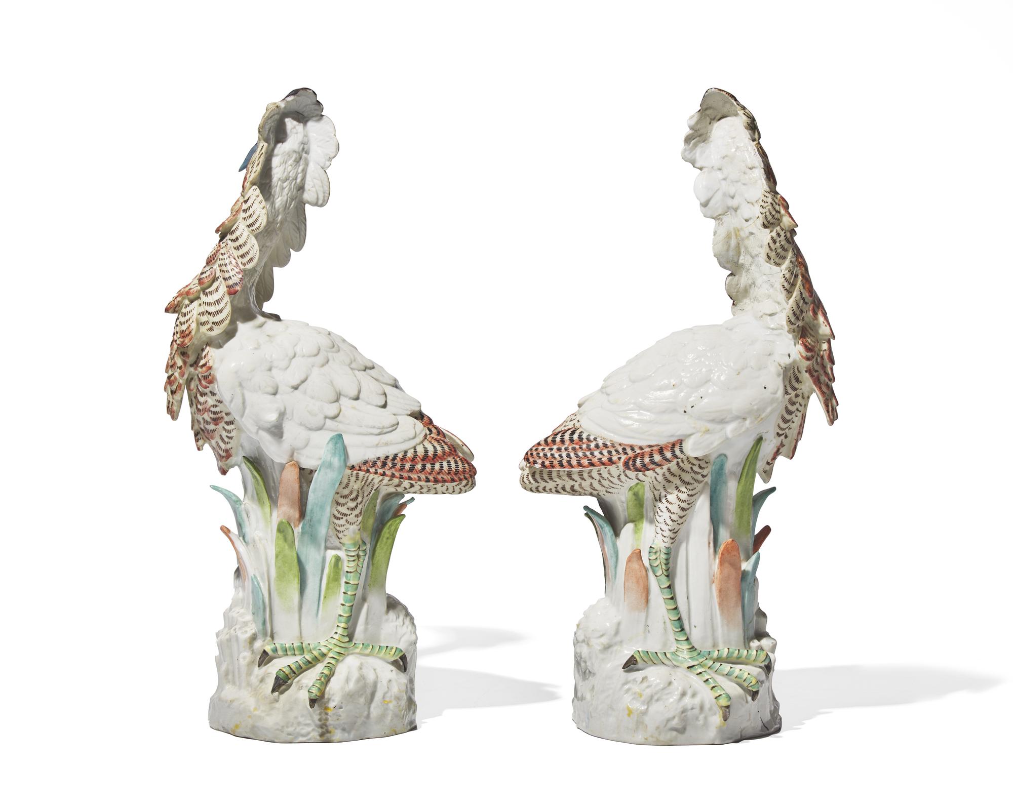 A pair of German porcelain figures of bitterns, likely A. W. Fr. Kister Porcelain Manufactory, Scheibe-Alsbach, Thuringia, circa 1900
