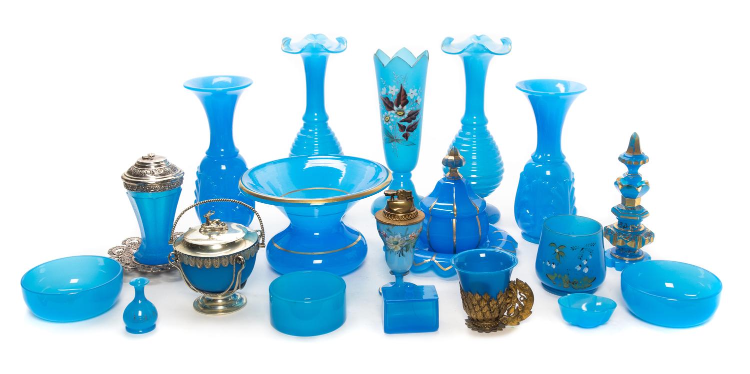A Collection of Blue Opaline Glass Articles Height of tallest 12 inches.