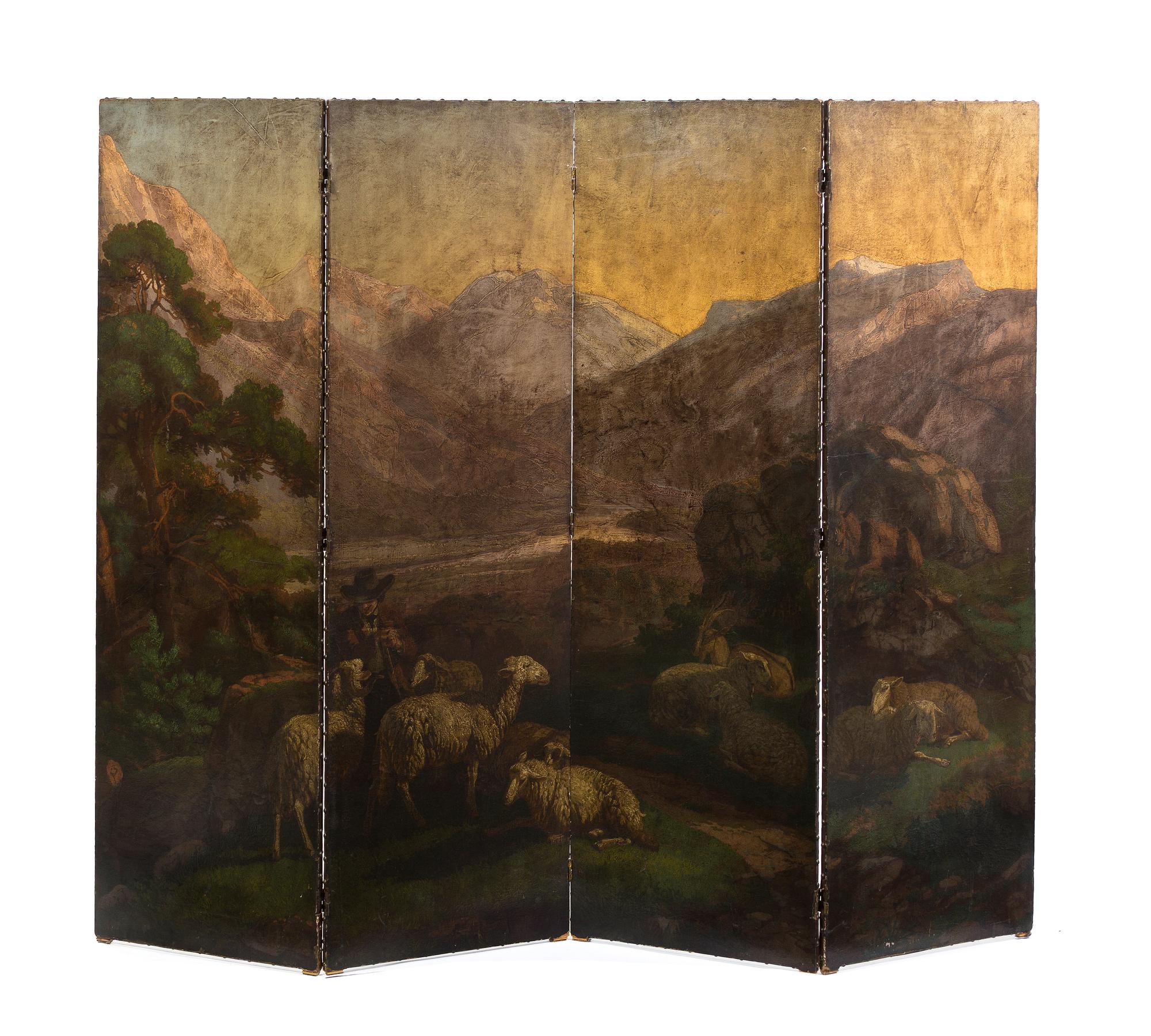 A Continental Painted Leather Four Panel Floor Screen, Height 66 1/2 x width of each panel 20 1/2 inches.