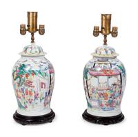 A Pair of Famille Rose Porcelain Jars Mounted as Lamps