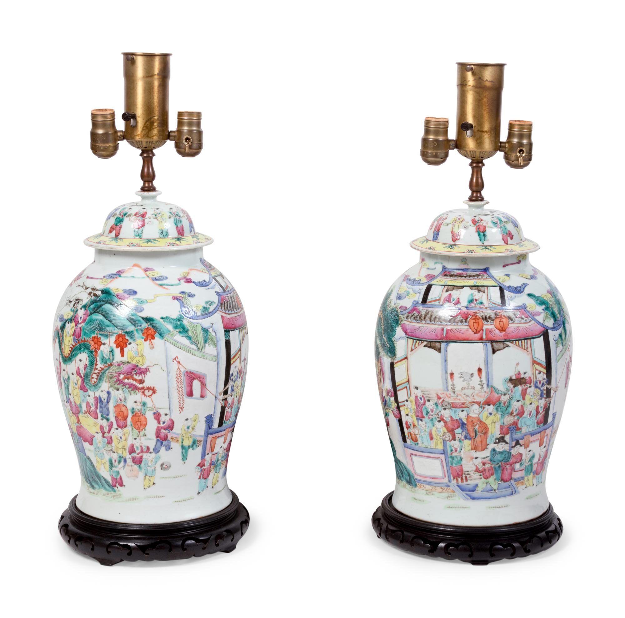 A Pair of Famille Rose Porcelain Jars Mounted as Lamps