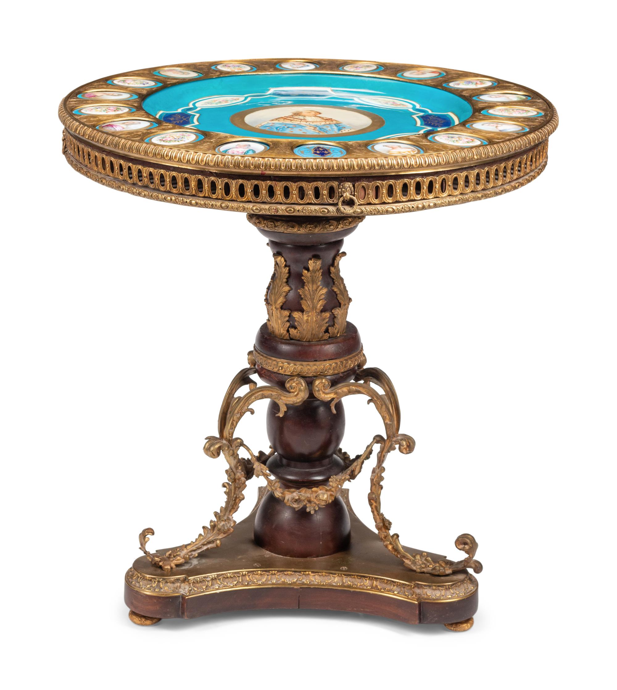 A Louis XVI Style Gilt Bronze and Porcelain Mounted Guéridon