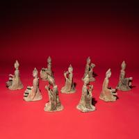 Nine Chinese Painted Grey Pottery Musicians, Late Northern Wei-Northern Qi Dynasty — 北魏晚期-北齊 灰陶彩繪伎樂俑一組九件