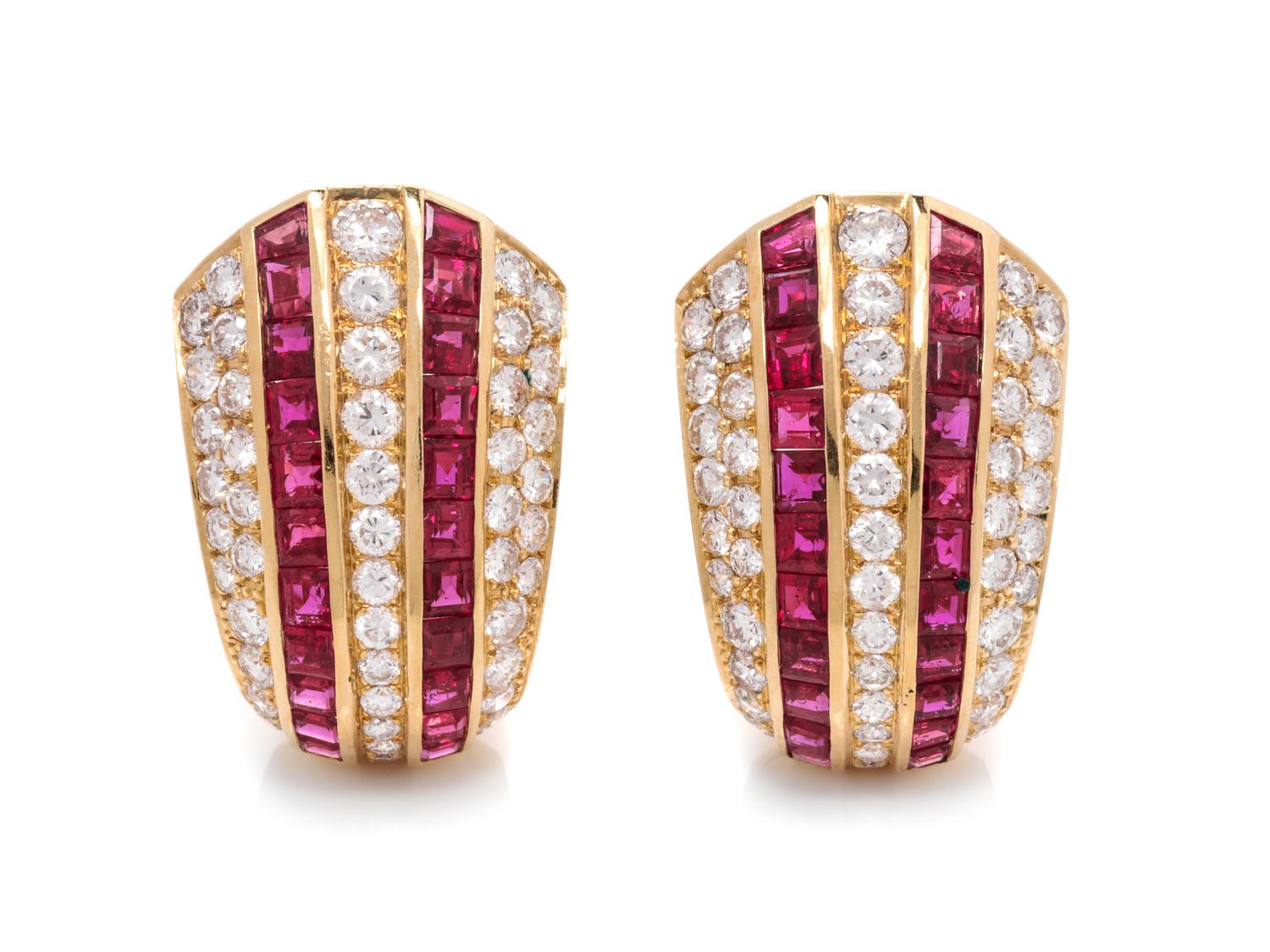 A Pair of 18 Karat Yellow Gold, Diamond and Ruby Earrings,