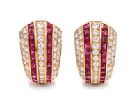 A Pair of 18 Karat Yellow Gold, Diamond and Ruby Earrings,