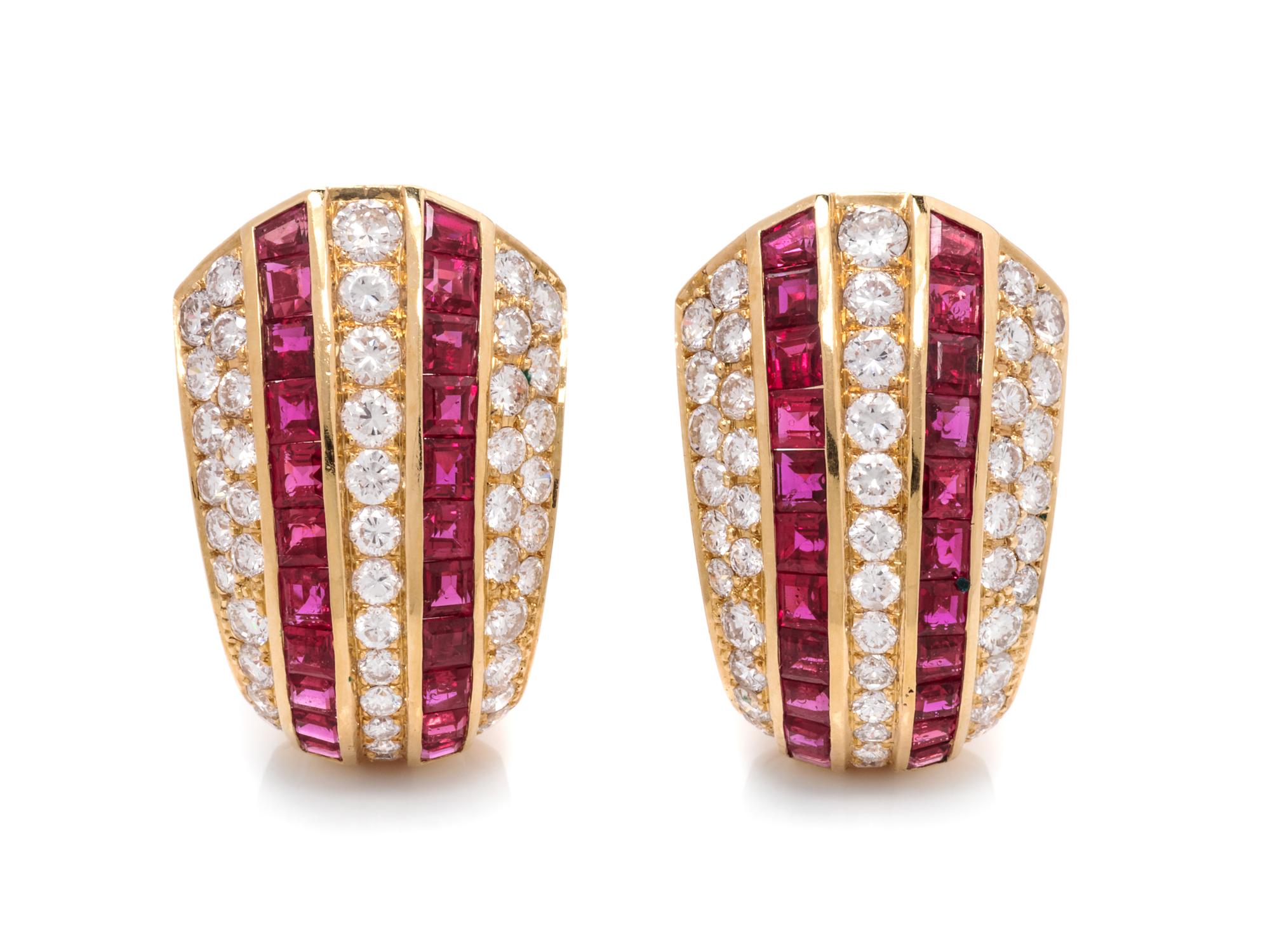 A Pair of 18 Karat Yellow Gold, Diamond and Ruby Earrings,