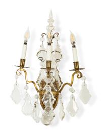 A Pair of Louis XV Style Gilt Bronze and Cut Glass Three-Light Sconces