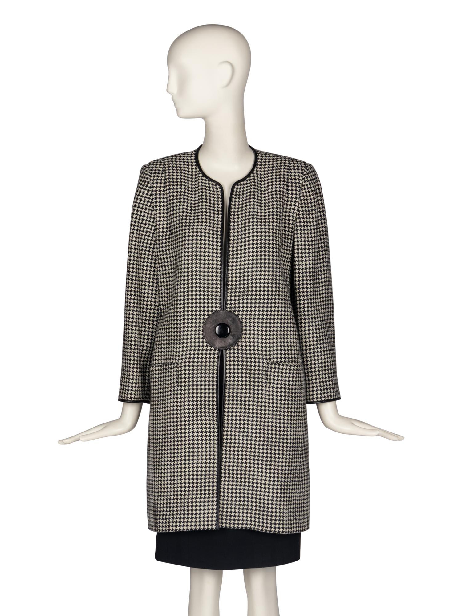 Pierre Cardin Haute Couture Houndstooth Coat with Leather Trim