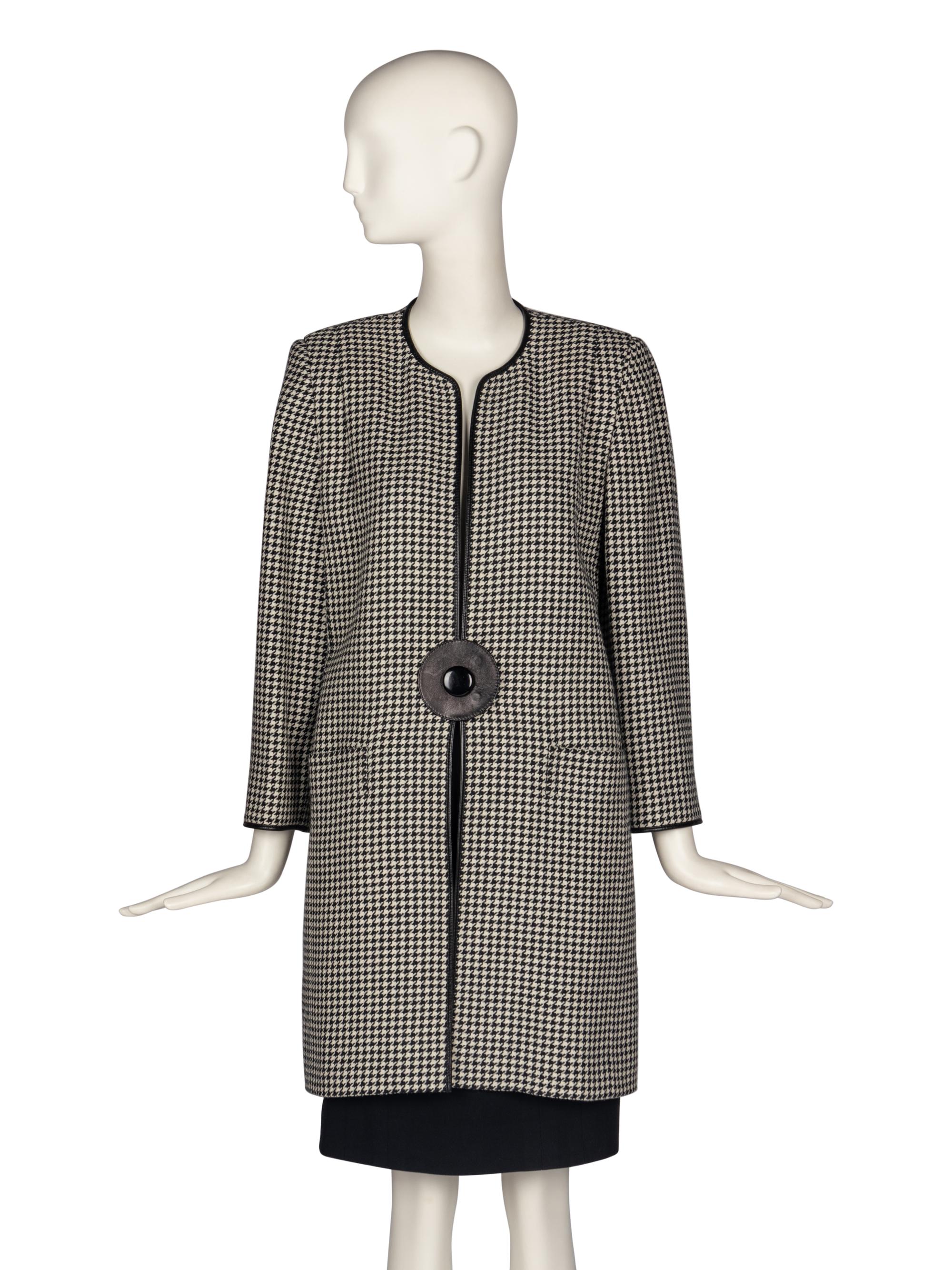 Pierre Cardin Haute Couture Houndstooth Coat with Leather Trim