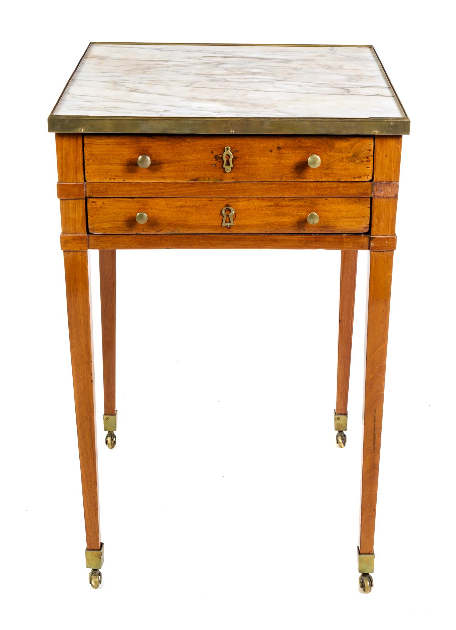 A Louis XVI Style Gilt Bronze Mounted Fruitwood Table en Chiffonier Height 28 3/4 x width 18 3/8 x depth 18 3/8 inches. — 19TH CENTURY