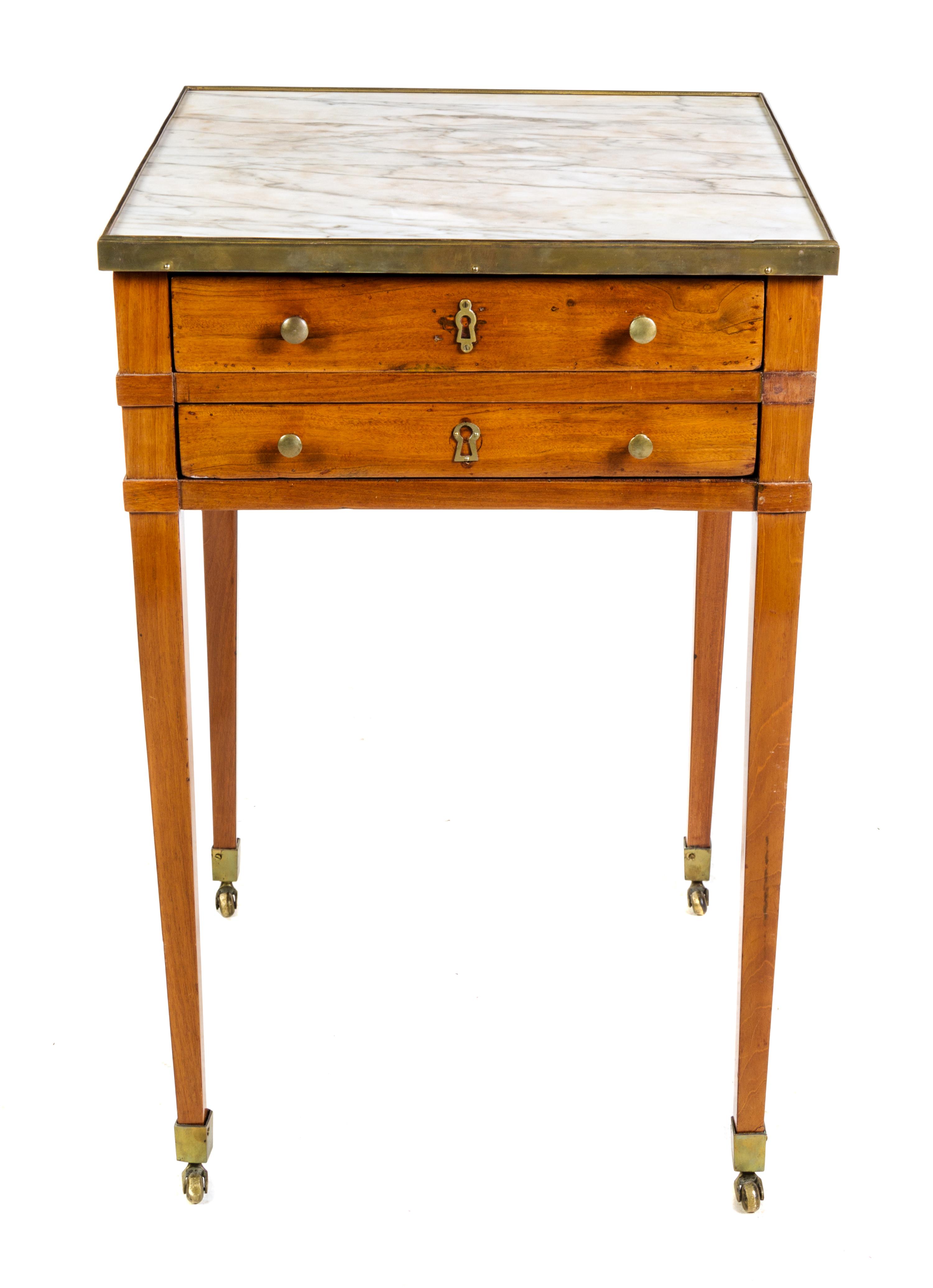 A Louis XVI Style Gilt Bronze Mounted Fruitwood Table en Chiffonier Height 28 3/4 x width 18 3/8 x depth 18 3/8 inches. — 19TH CENTURY