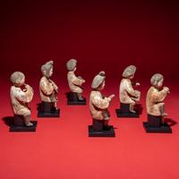 Six Chinese Painted Pottery Figures of Female Musicians, Tang Dynasty Style — 唐式陶加彩樂伎俑一組六件