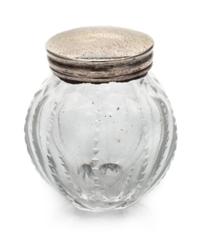 An English Silver Mounted Cut Glass Scent Bottle, Maker's Mark Likely IT, of ribbed, spherical form.