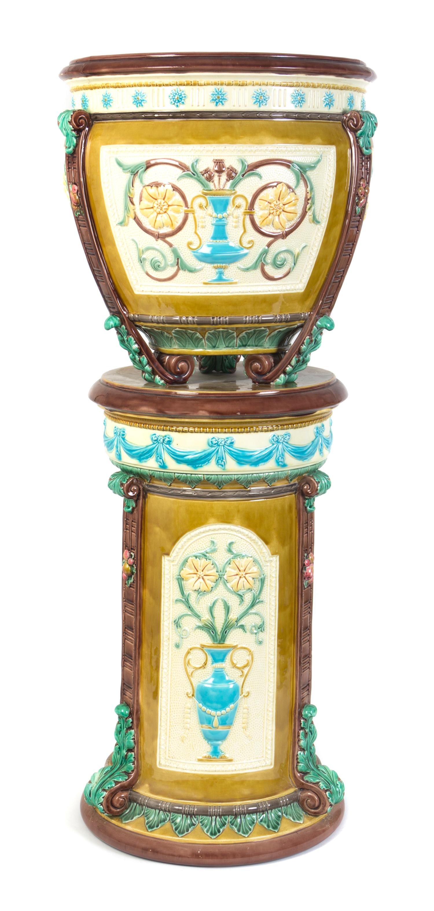 A Wedgwood Majolica Urn on Stand, SECOND HALF 19TH CENTURY, Height overall 42 inches. — SECOND HALF 19TH CENTURY,
