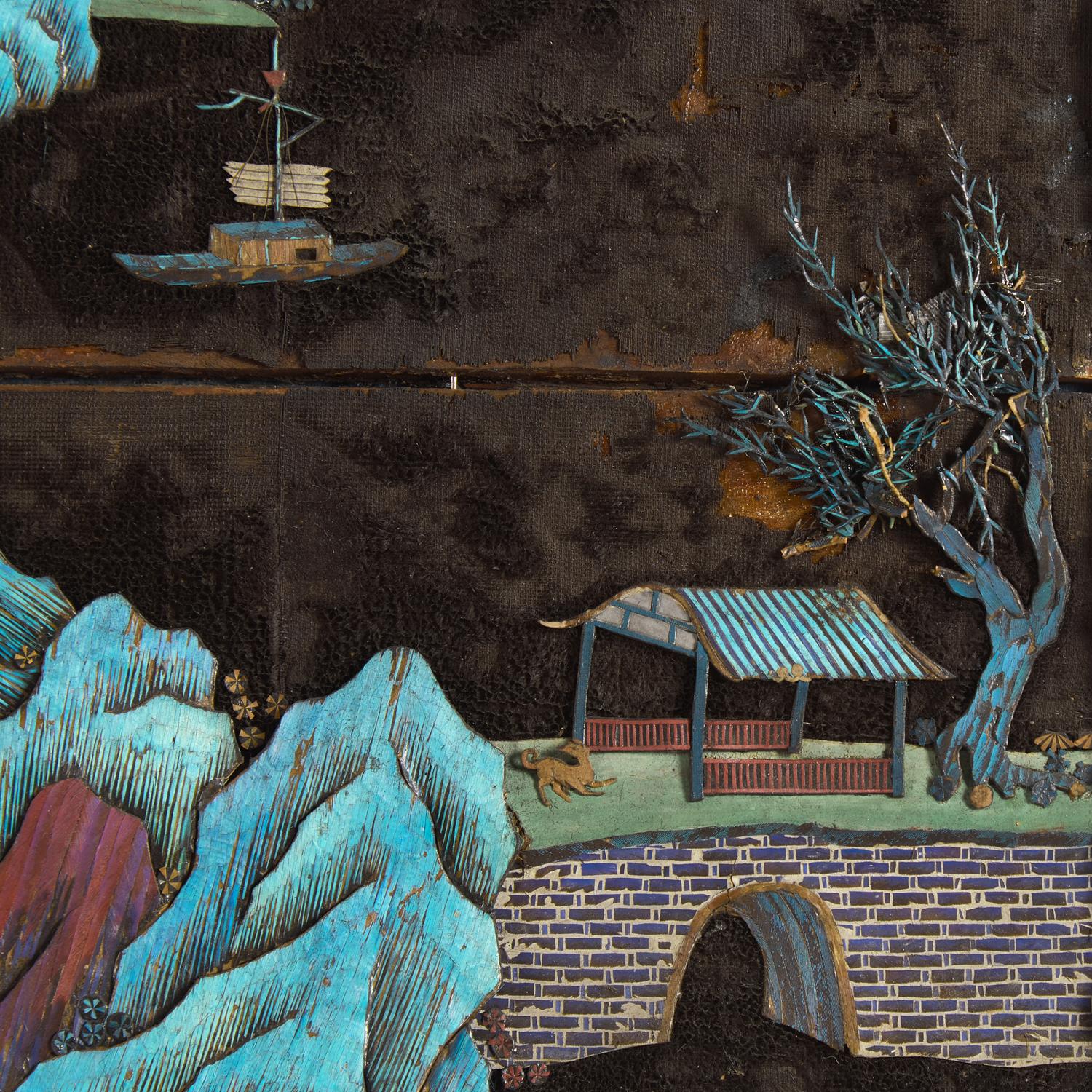 A Chinese Kingfisher Feather Embellished and Zitan Veneer 'Landscape' Wall Panel, 19th Century — 清中晚期 紫檀貼皮點翠山水圖挂屏
