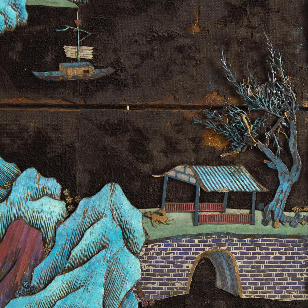A Chinese Kingfisher Feather Embellished and Zitan Veneer 'Landscape' Wall Panel, 19th Century