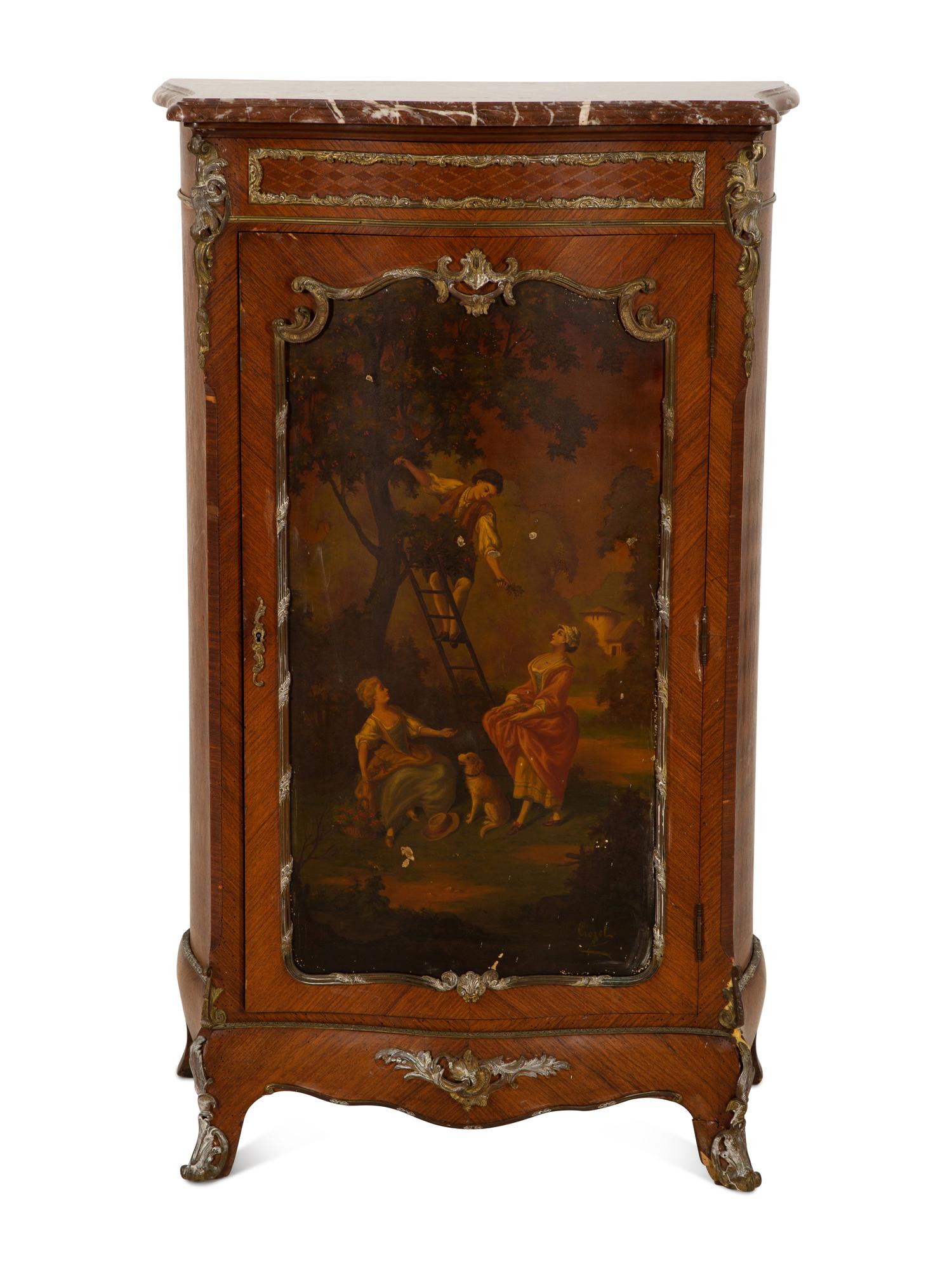 A Louis XV Style Gilt Bronze Mounted Parquetry and Vernis Martin Marble-Top Cabinet
