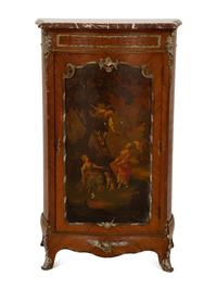 A Louis XV Style Gilt Bronze Mounted Parquetry and Vernis Martin Marble-Top Cabinet