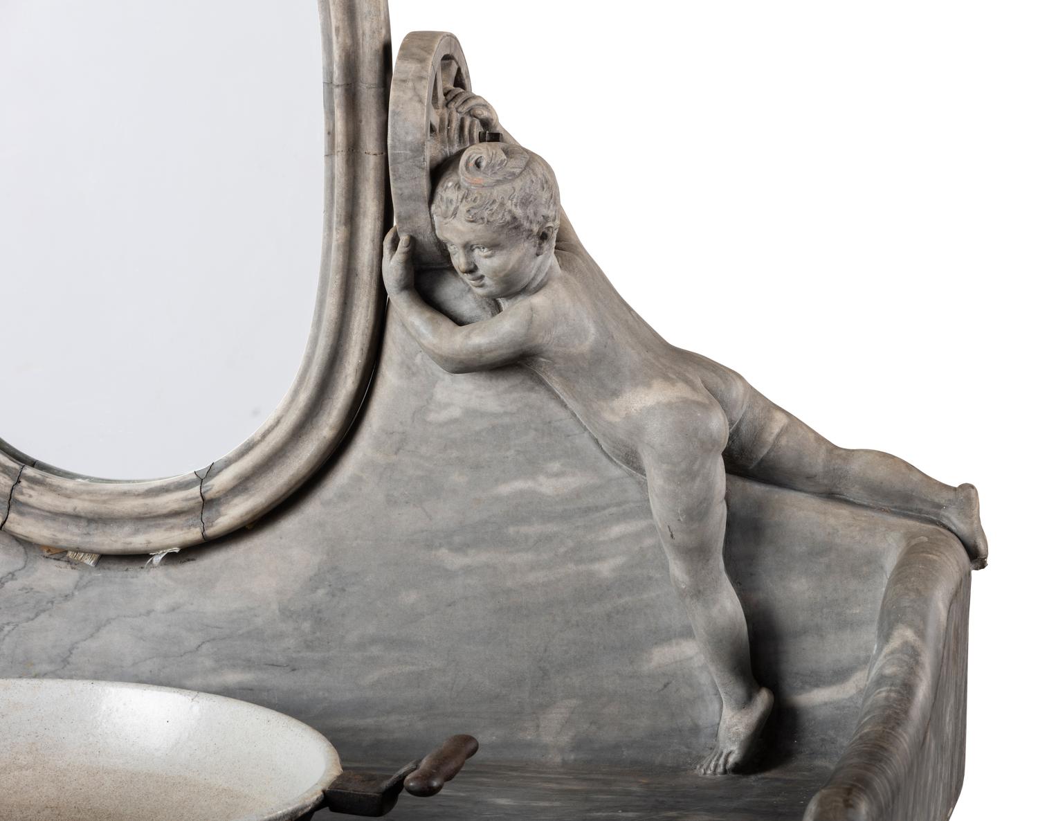 An Art Nouveau Putti-Carved Marble and Iron Figural Washstand