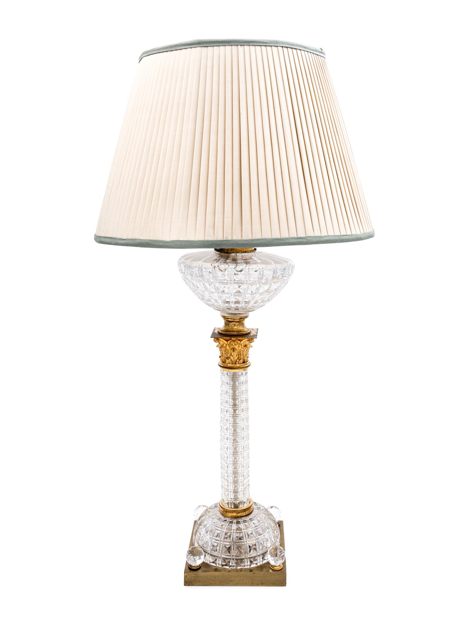 An English Gilt Metal Mounted Cut Glass Fluid Lamp Converted to Electricity