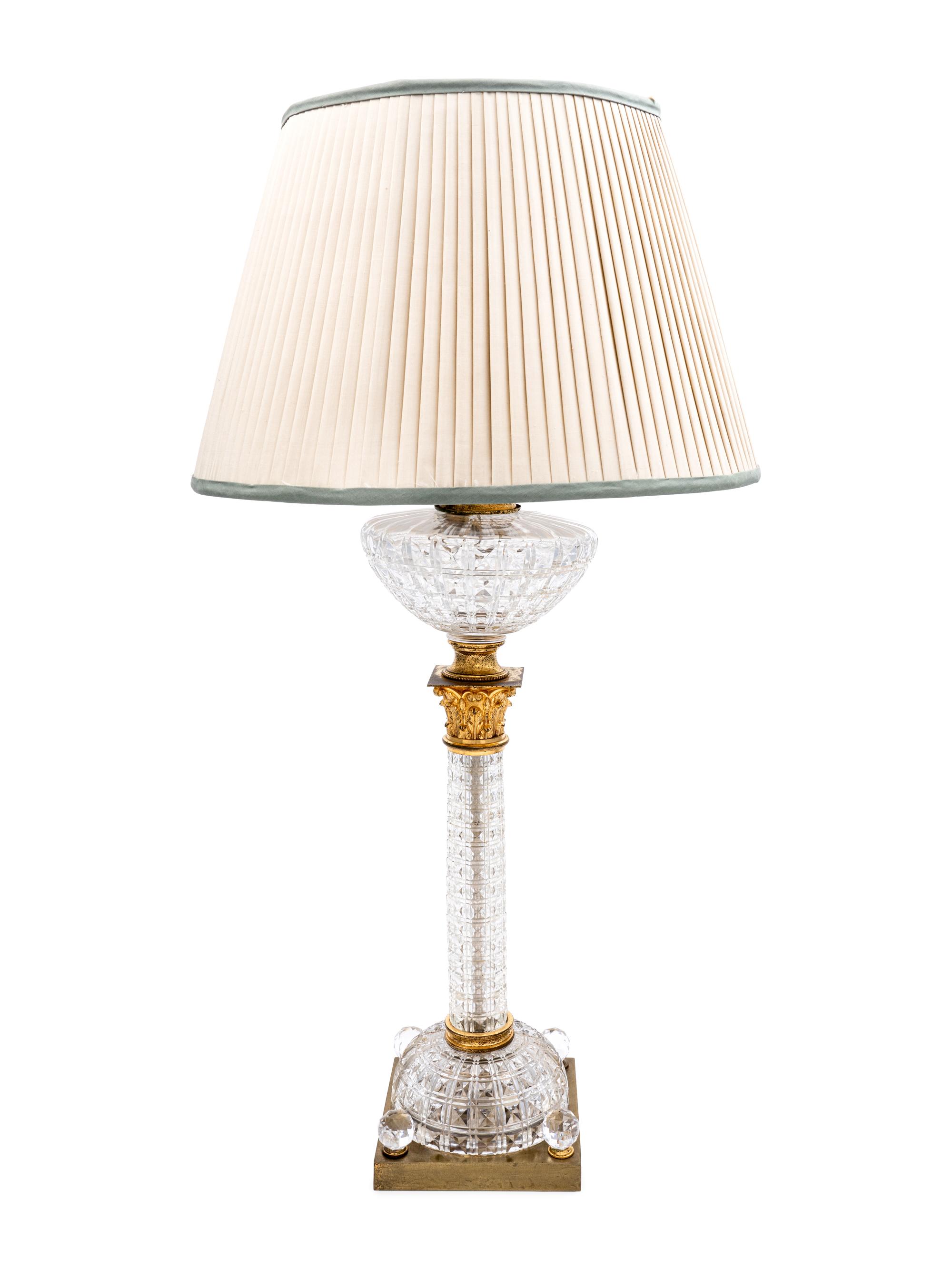 An English Gilt Metal Mounted Cut Glass Fluid Lamp Converted to Electricity