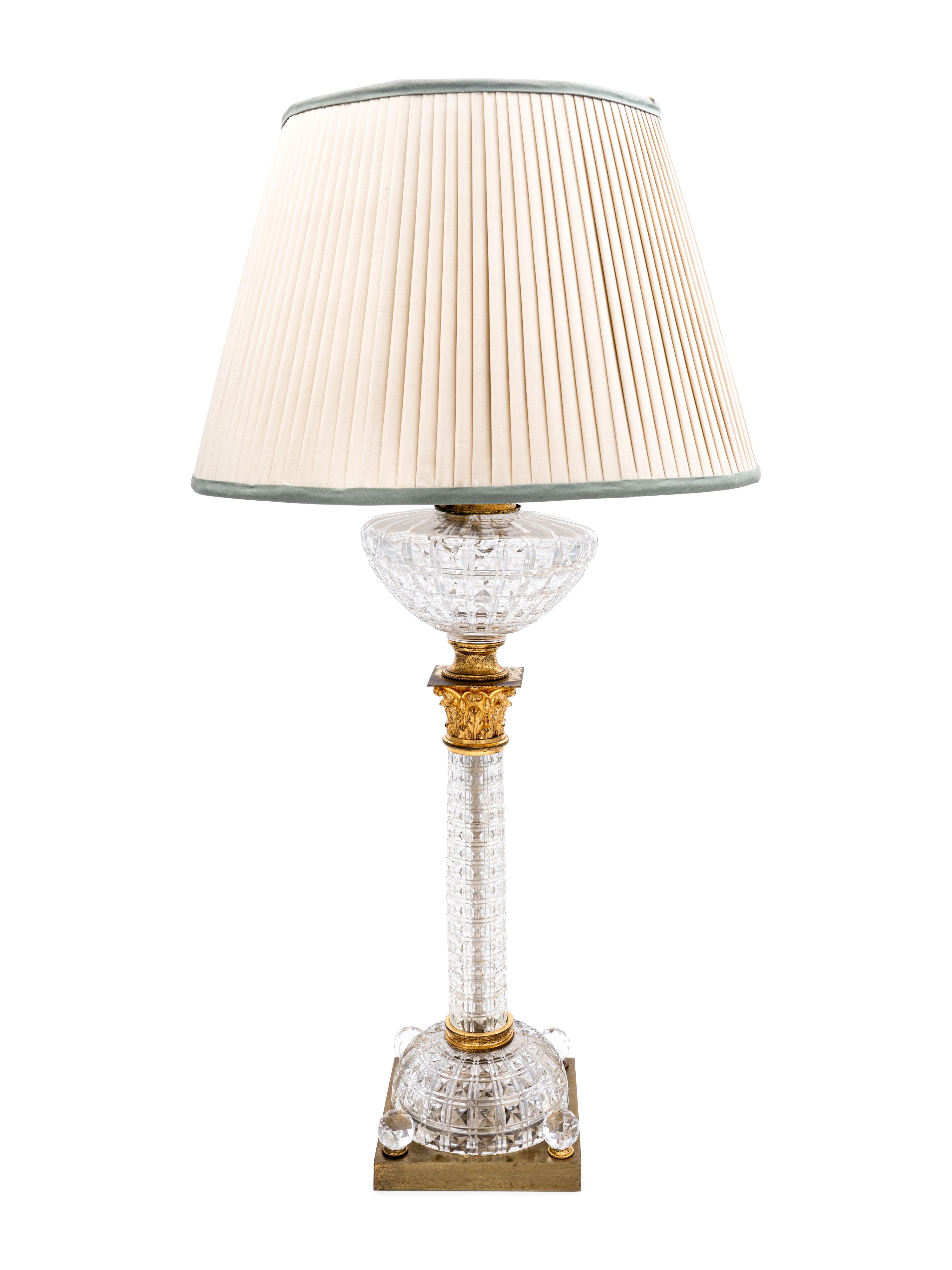 An English Gilt Metal Mounted Cut Glass Fluid Lamp Converted to Electricity