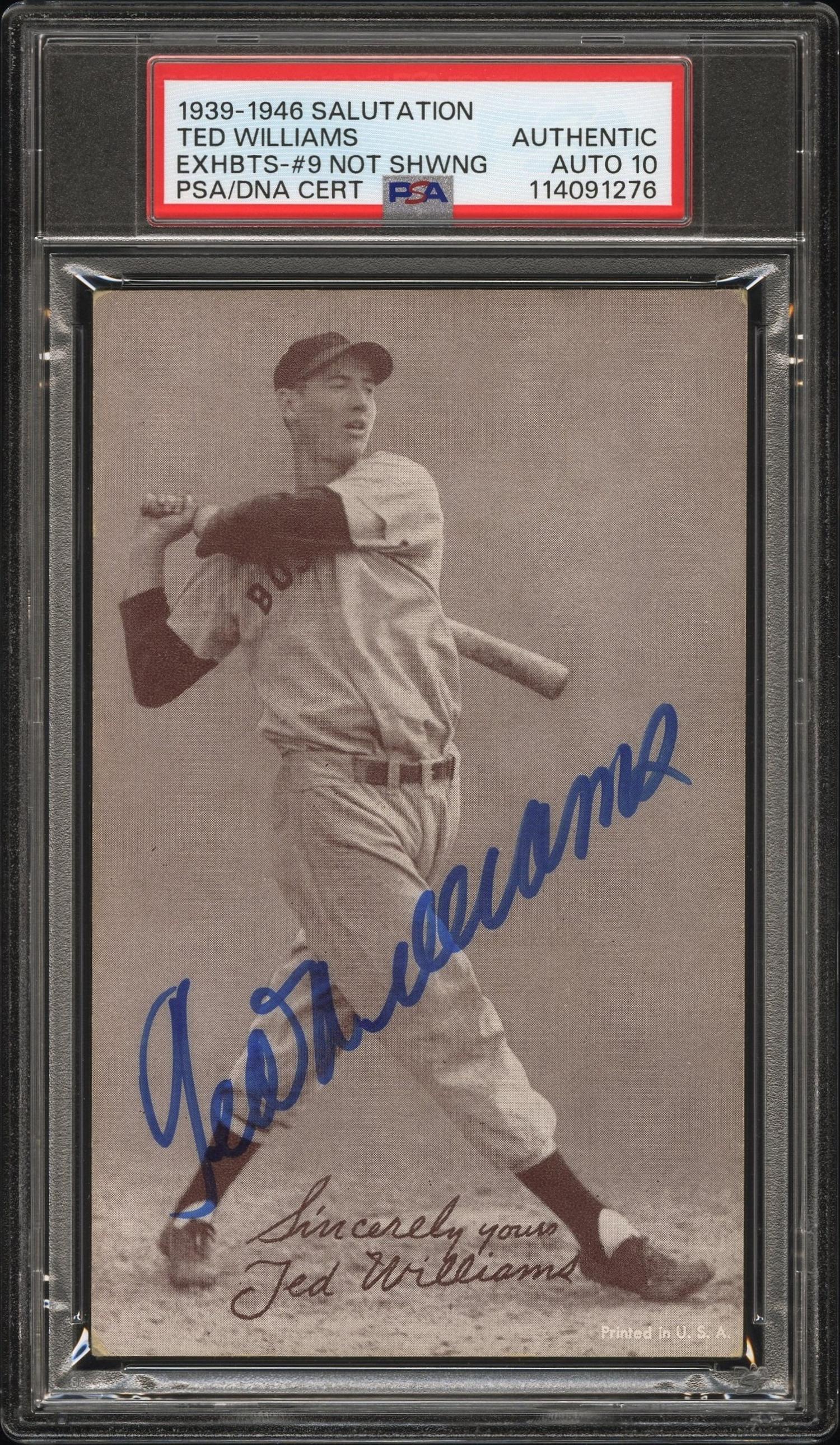 A 1939-46 Salutations Exhibit Ted Williams Number 9 Not Showing Signed Autograph Baseball Card (PSA 10 Auto)