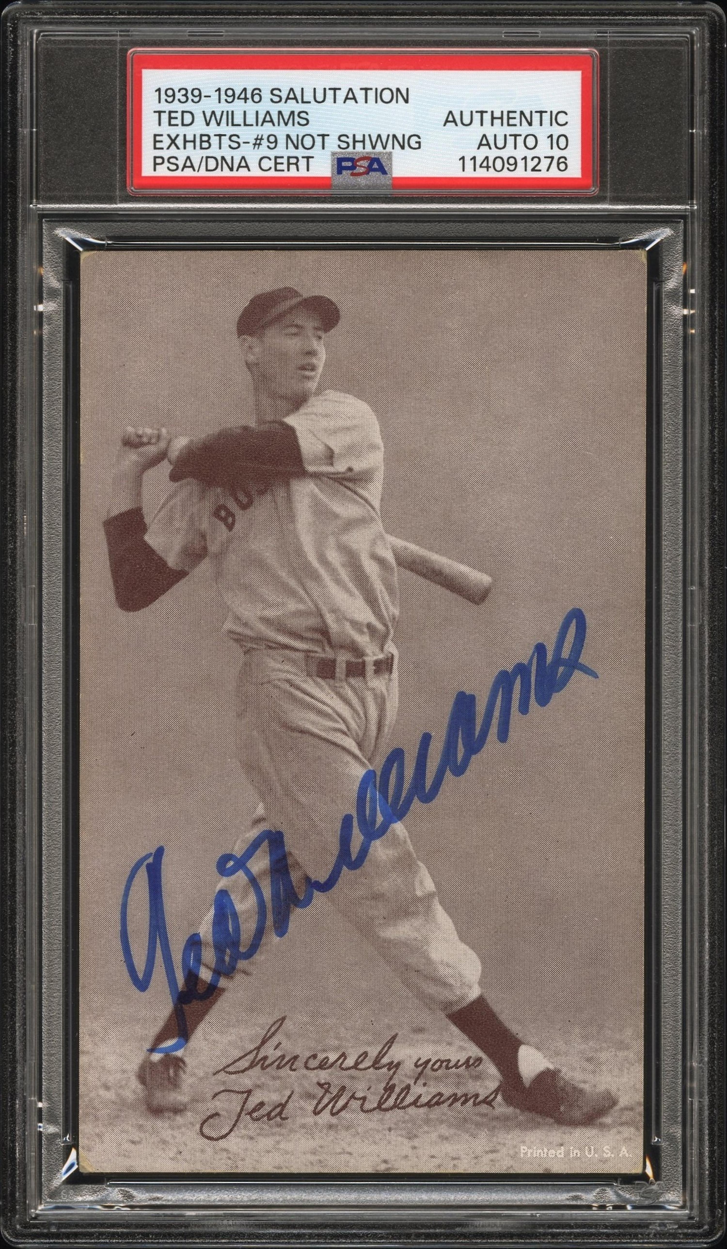 A 1939-46 Salutations Exhibit Ted Williams Number 9 Not Showing Signed Autograph Baseball Card (PSA 10 Auto)