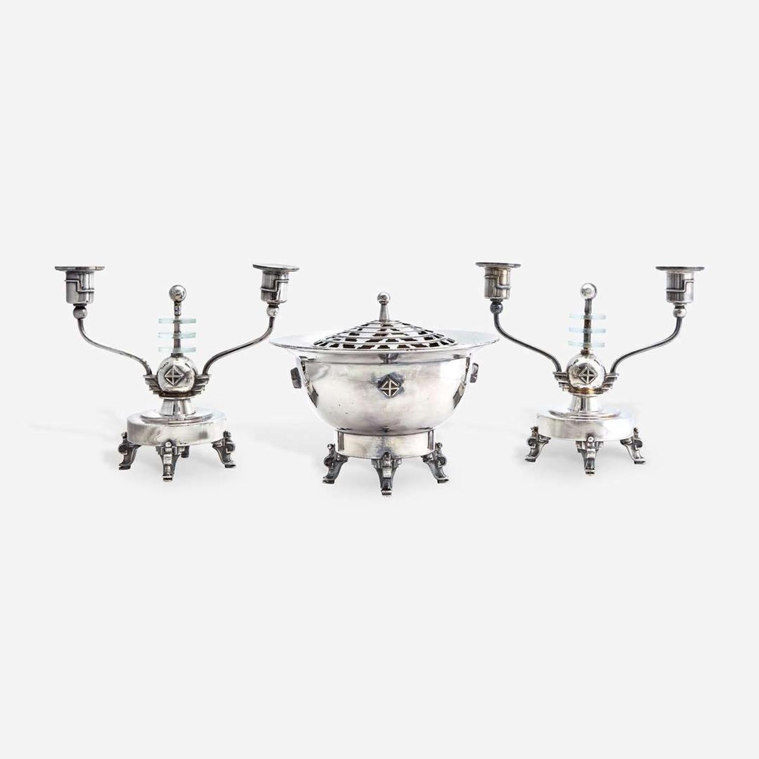 George Albert Feinauer (American, b. Germany, 1886-1955) "Special Line" Centerpiece Potpourri Bowl and Pair of Candelabra, Barbour Silver Company, Hartford, CT, circa 1930
