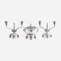 George Albert Feinauer (American, b. Germany, 1886-1955) "Special Line" Centerpiece Potpourri Bowl and Pair of Candelabra, Barbour Silver Company, Hartford, CT, circa 1930
