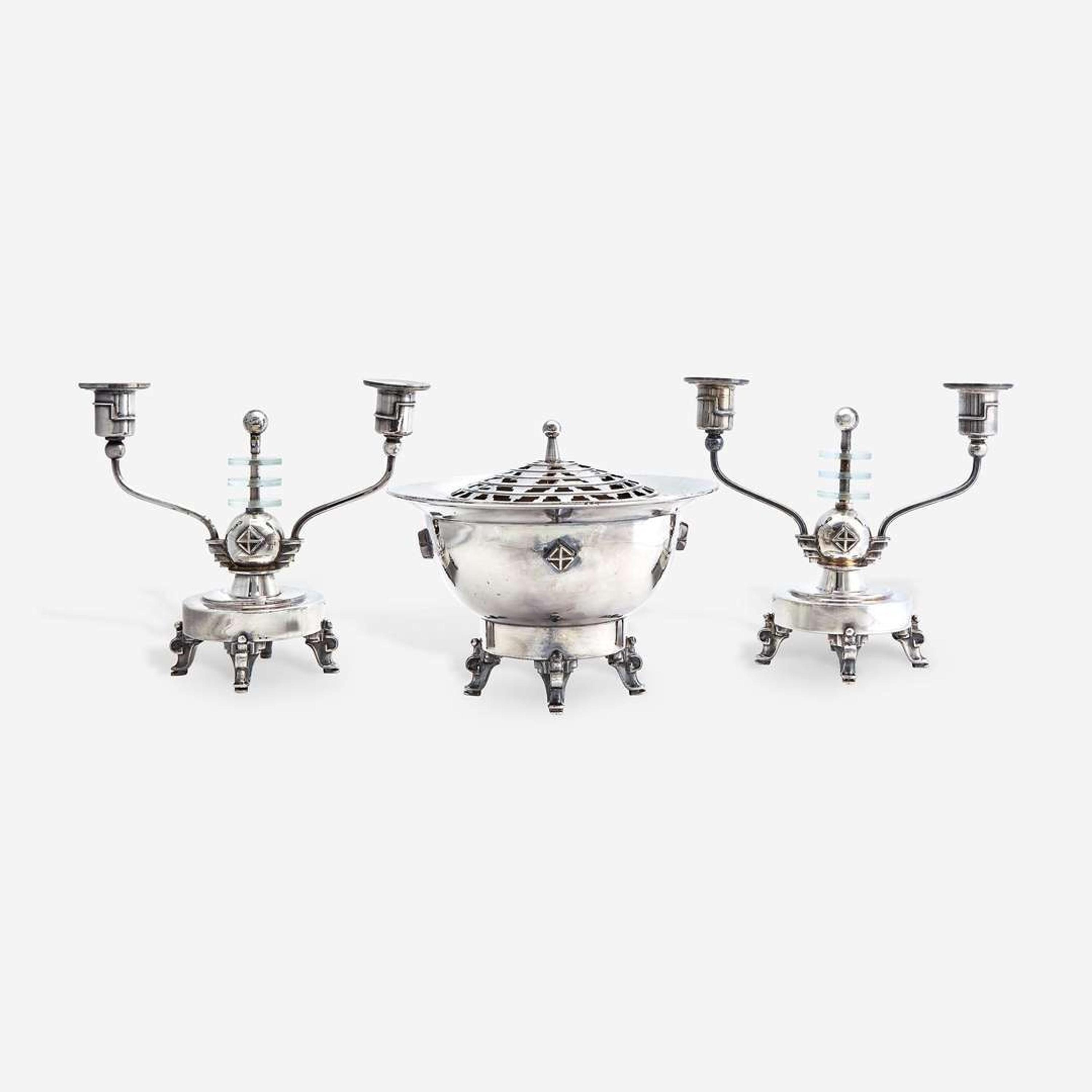 George Albert Feinauer (American, b. Germany, 1886-1955) "Special Line" Centerpiece Potpourri Bowl and Pair of Candelabra, Barbour Silver Company, Hartford, CT, circa 1930