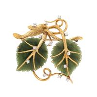 Jade, Diamond, and Yellow Gold Foliate Brooch