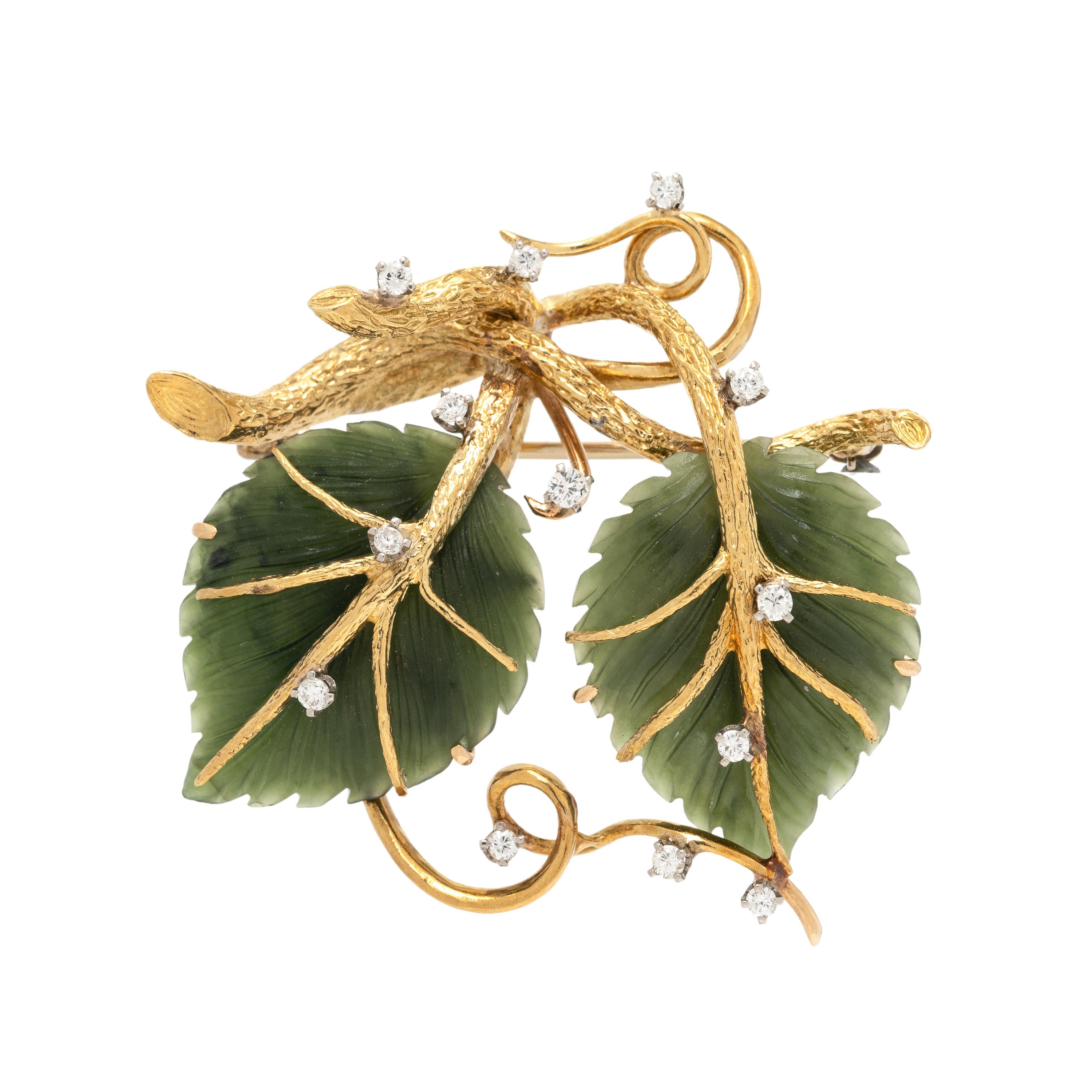 Jade, Diamond, and Yellow Gold Foliate Brooch