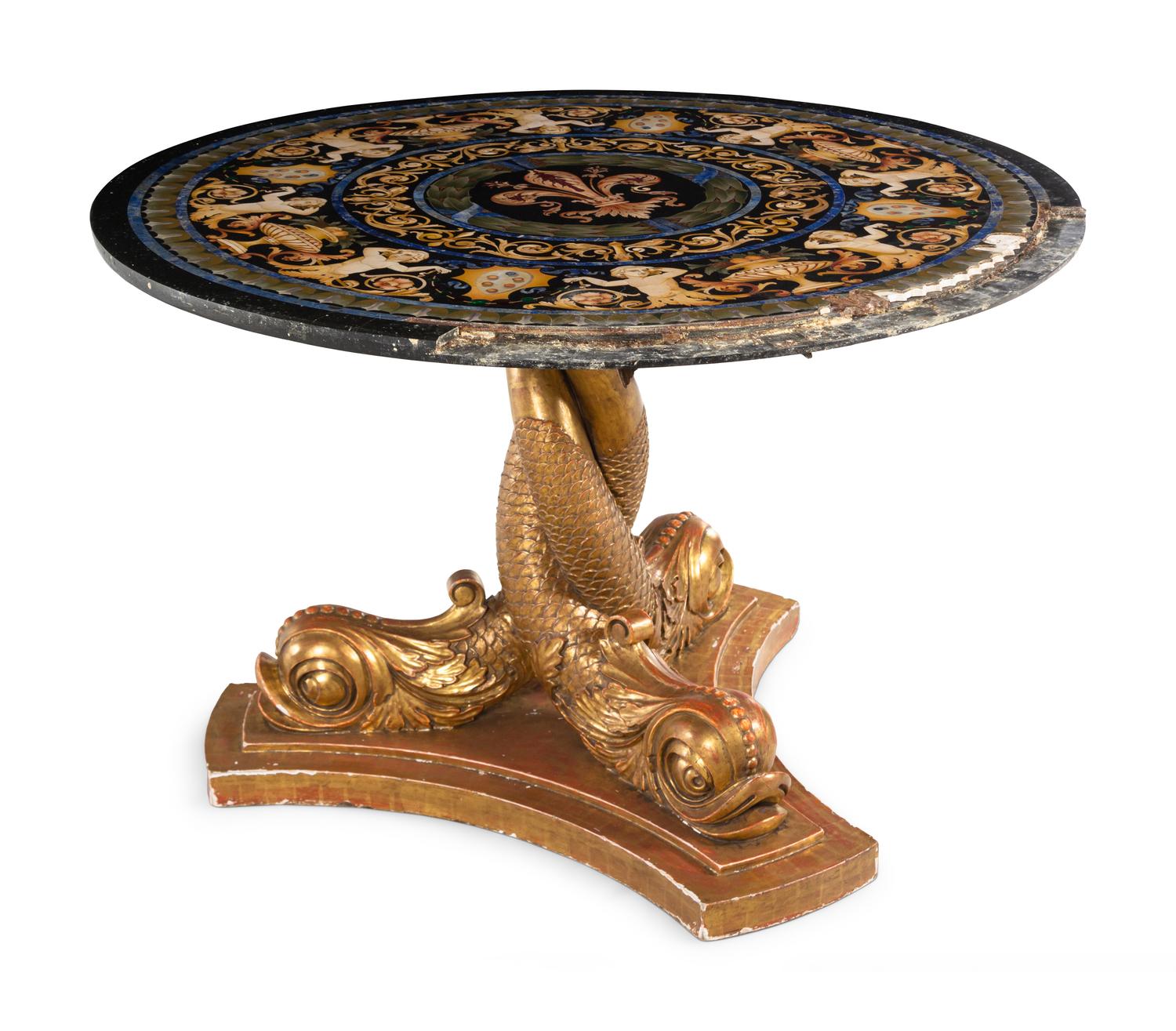 A Regency Style Giltwood Center Table with a Pietra Dura Top