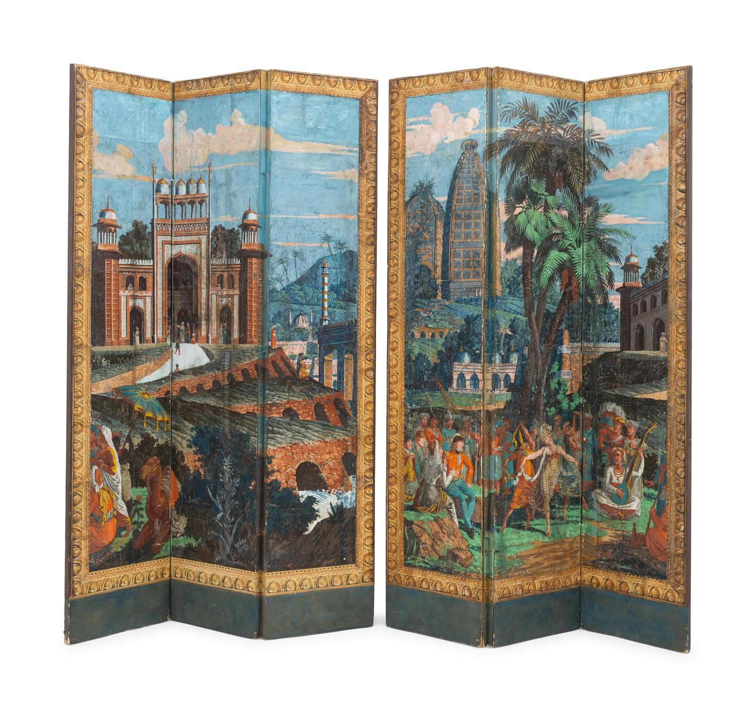 A Pair of French Scenic Wallpaper Three-Panel Screens, Grande Chasse au Tigre dans l'Inde (The Tiger Hunt)