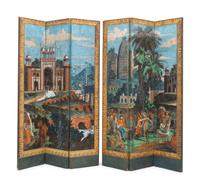 A Pair of French Scenic Wallpaper Three-Panel Screens, Grande Chasse au Tigre dans l'Inde (The Tiger Hunt)