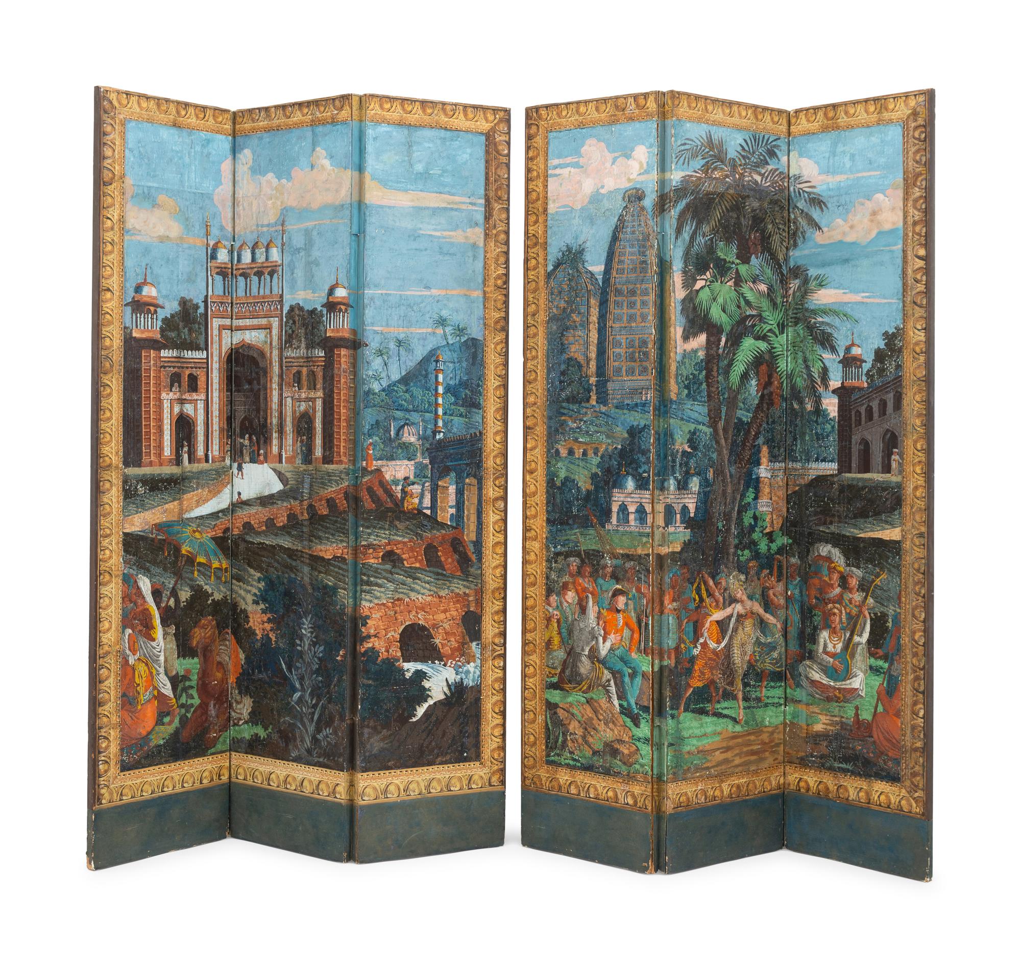 A Pair of French Scenic Wallpaper Three-Panel Screens, Grande Chasse au Tigre dans l'Inde (The Tiger Hunt)
