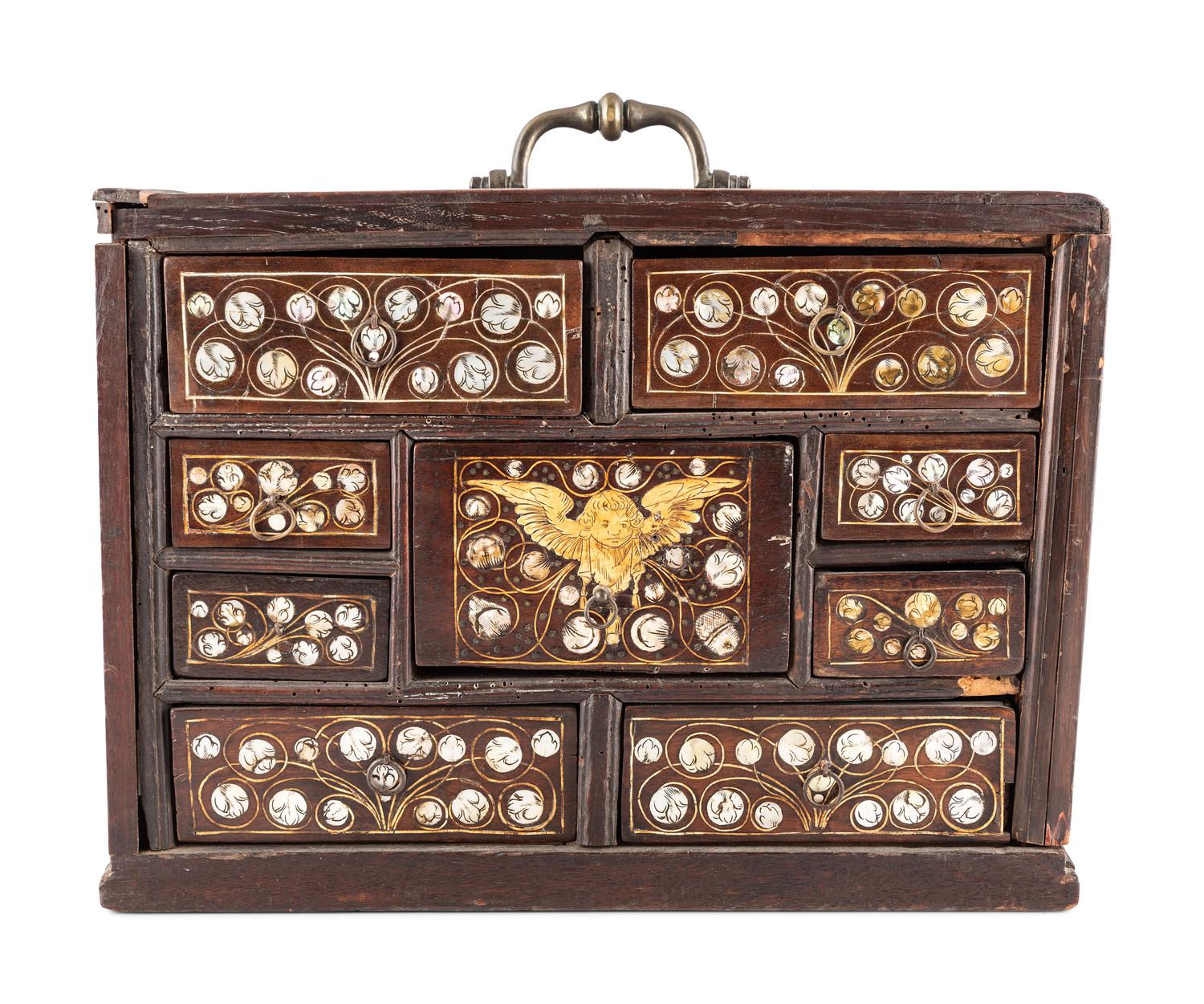 An English Walnut and Oak Mother of Pearl Inlaid Desk Cabinet