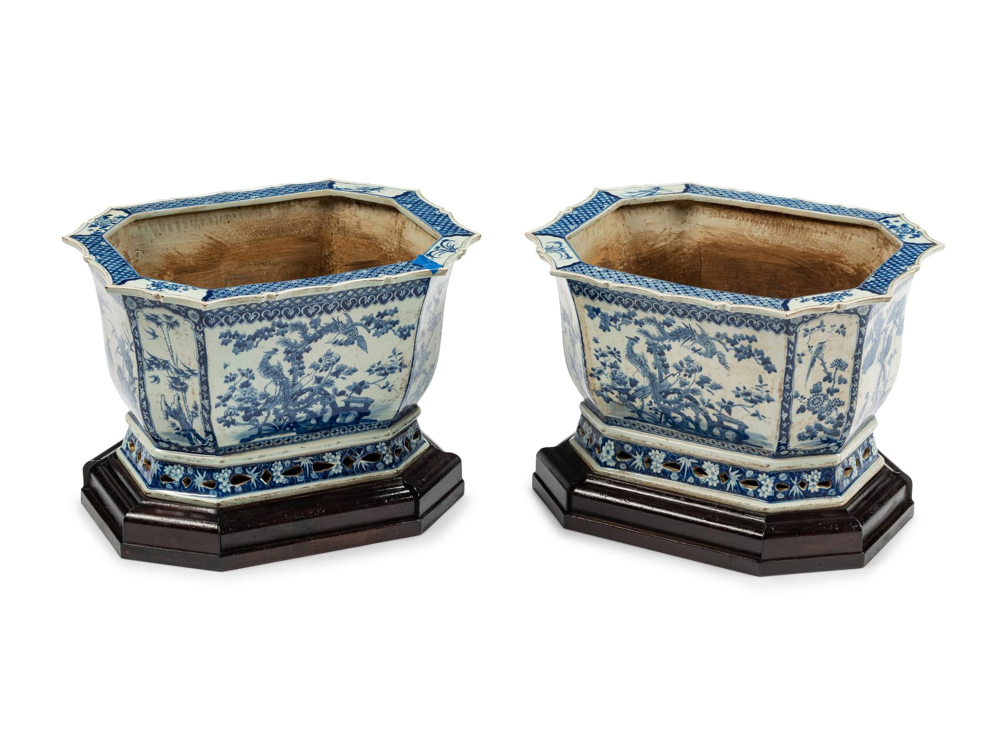 A Pair of Large Chinese Export Blue and White Porcelain Jardinières with Wood Bases