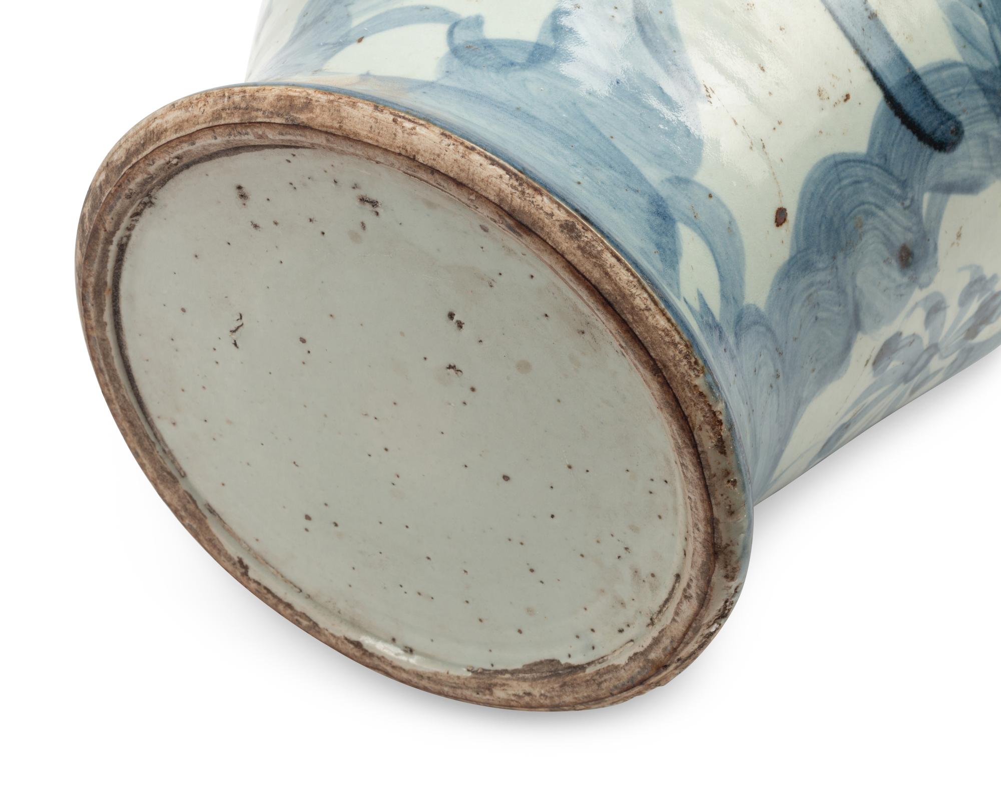 An Iron Mounted Blue and White Porcelain Locking Tea Caddy