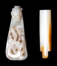 Two Chinese Celadon and Russet Jade Articles