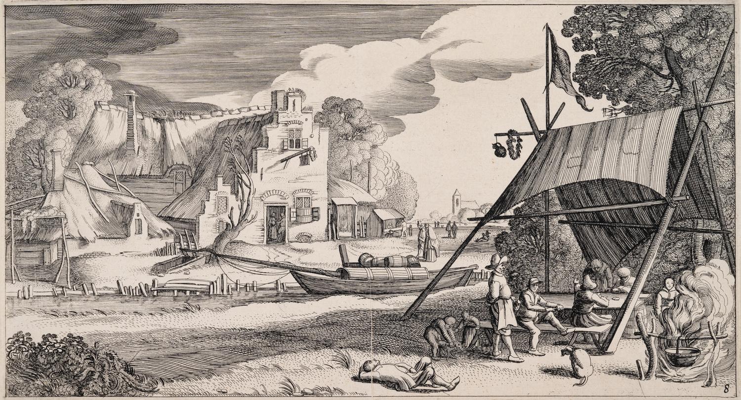 A group of five prints ( The Brewery by a Frozen Canal; The Repast Under the Tent; The Village Gateway; Untitled (Archway Over the Road); Untitled (View of a Walled Town) )