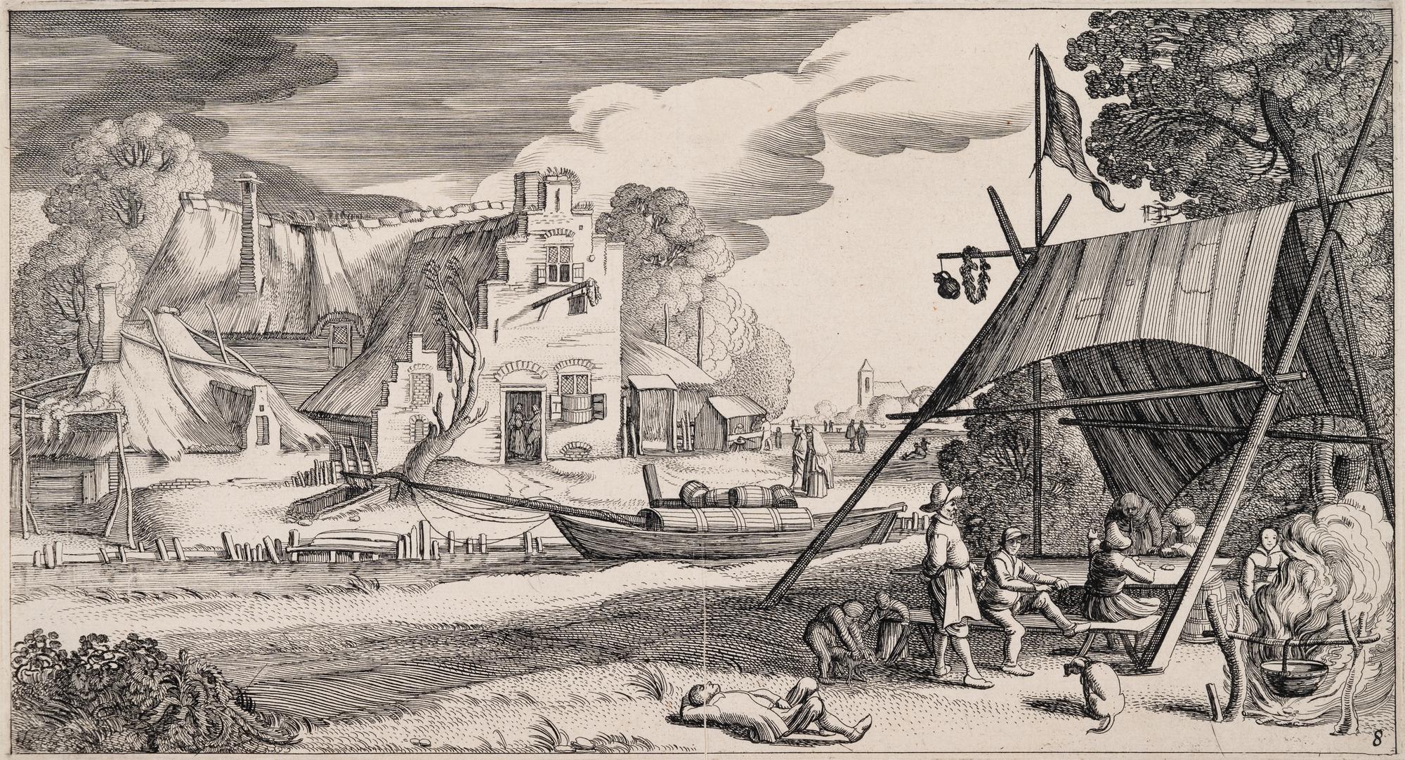 A group of five prints ( The Brewery by a Frozen Canal; The Repast Under the Tent; The Village Gateway; Untitled (Archway Over the Road); Untitled (View of a Walled Town) )