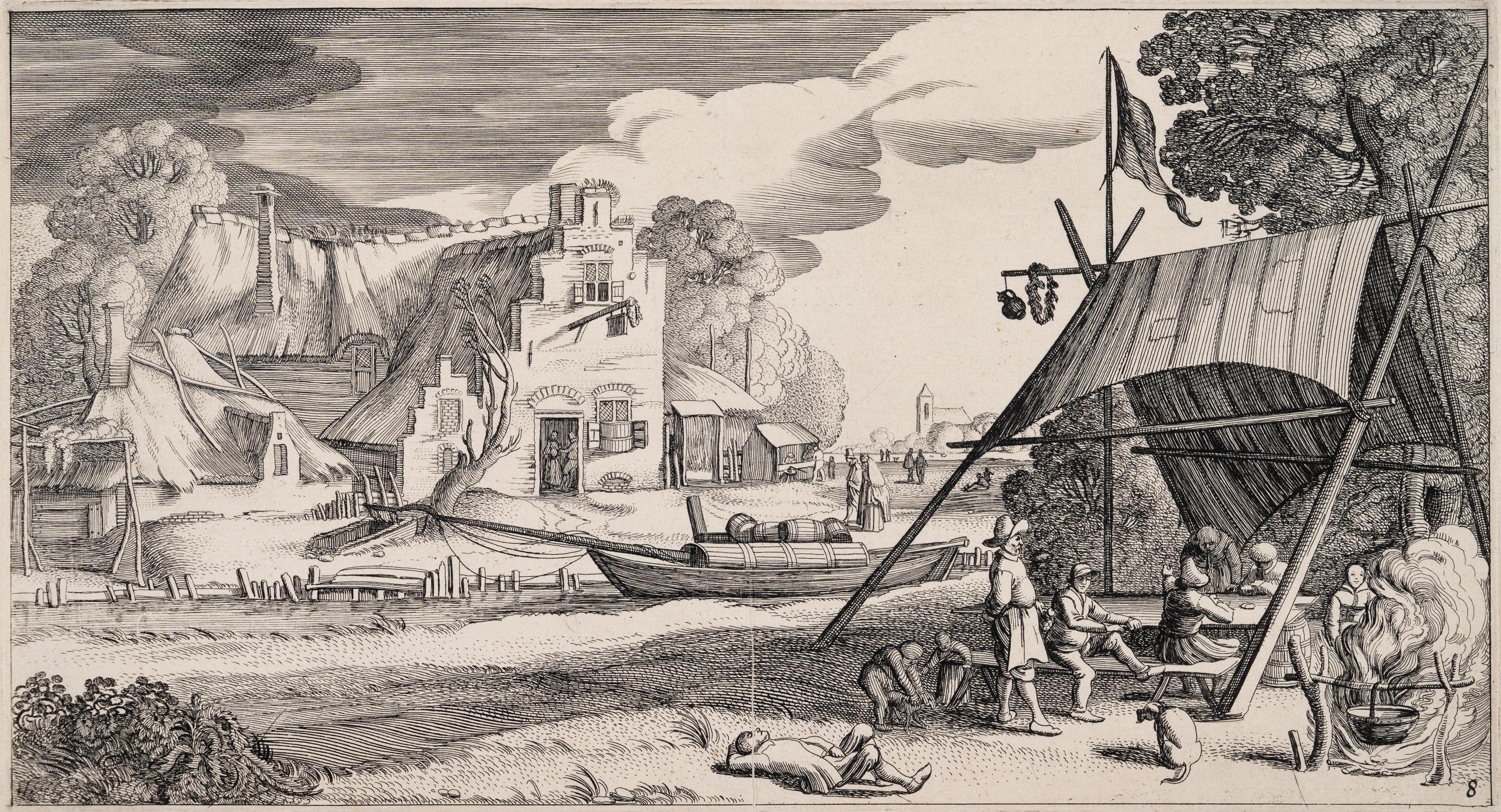 A group of five prints ( The Brewery by a Frozen Canal; The Repast Under the Tent; The Village Gateway; Untitled (Archway Over the Road); Untitled (View of a Walled Town) )