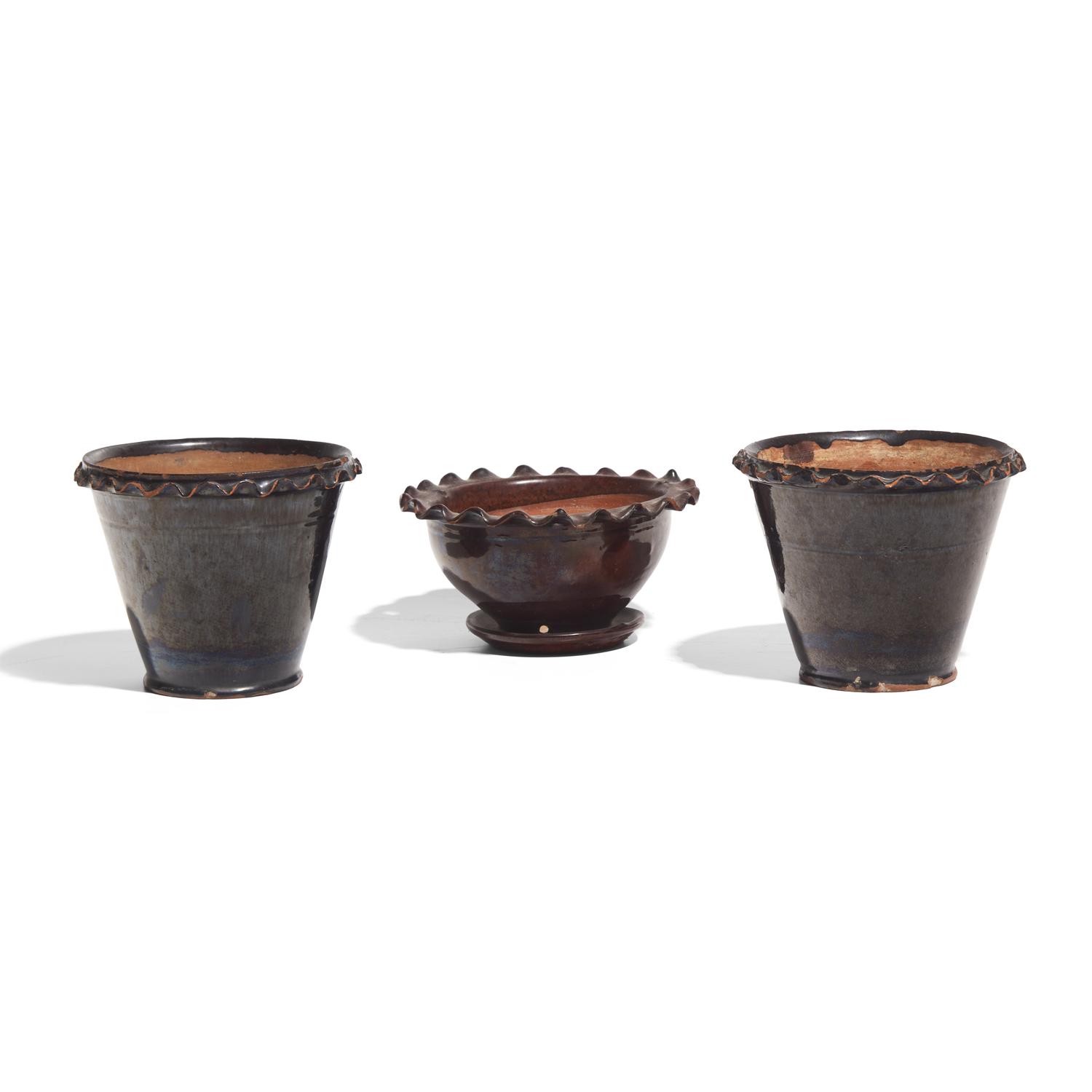 Three Glazed Redware Flower Pots
