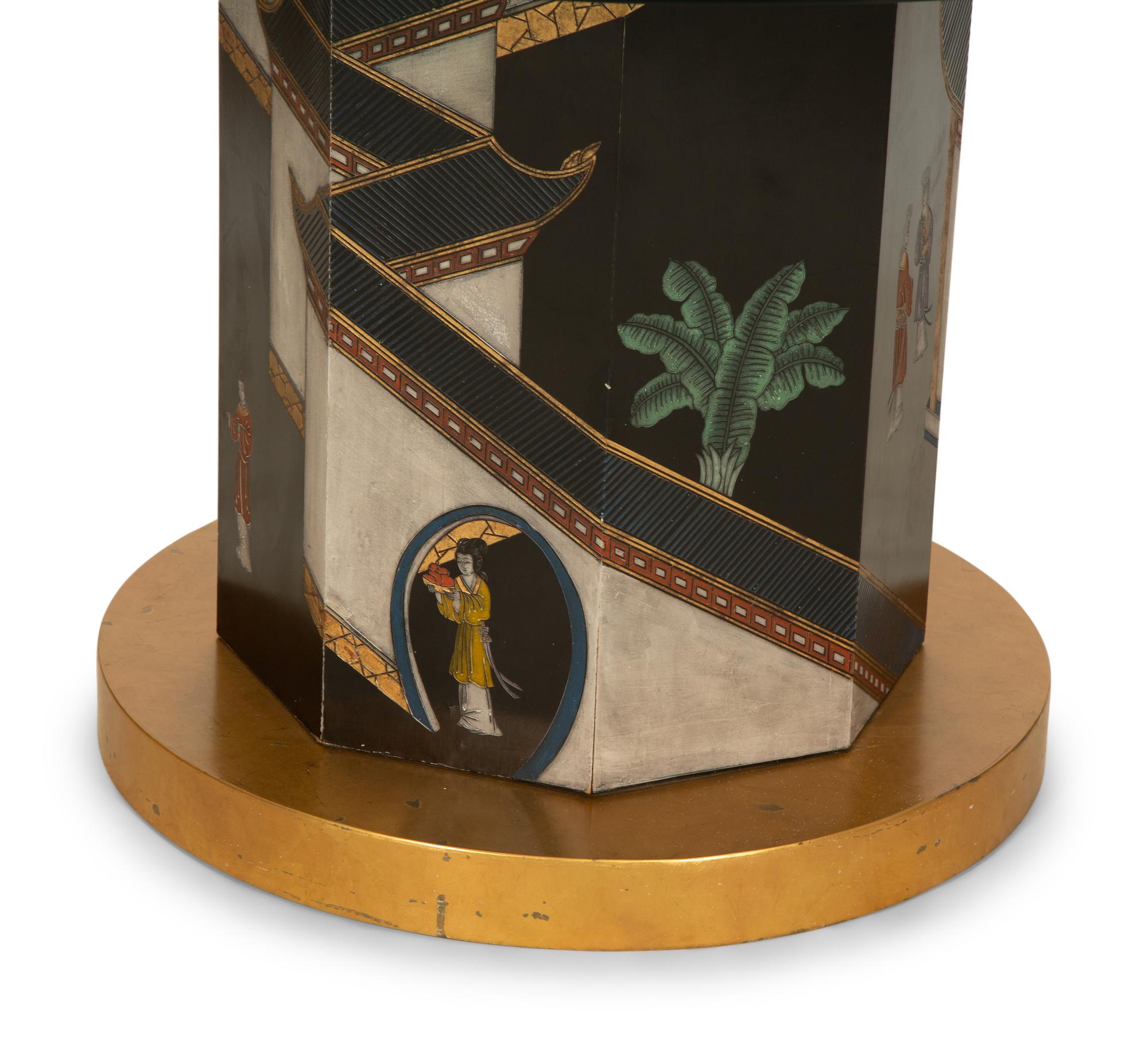 A Chinoiserie Decorated Pedestal Table with Glass Top